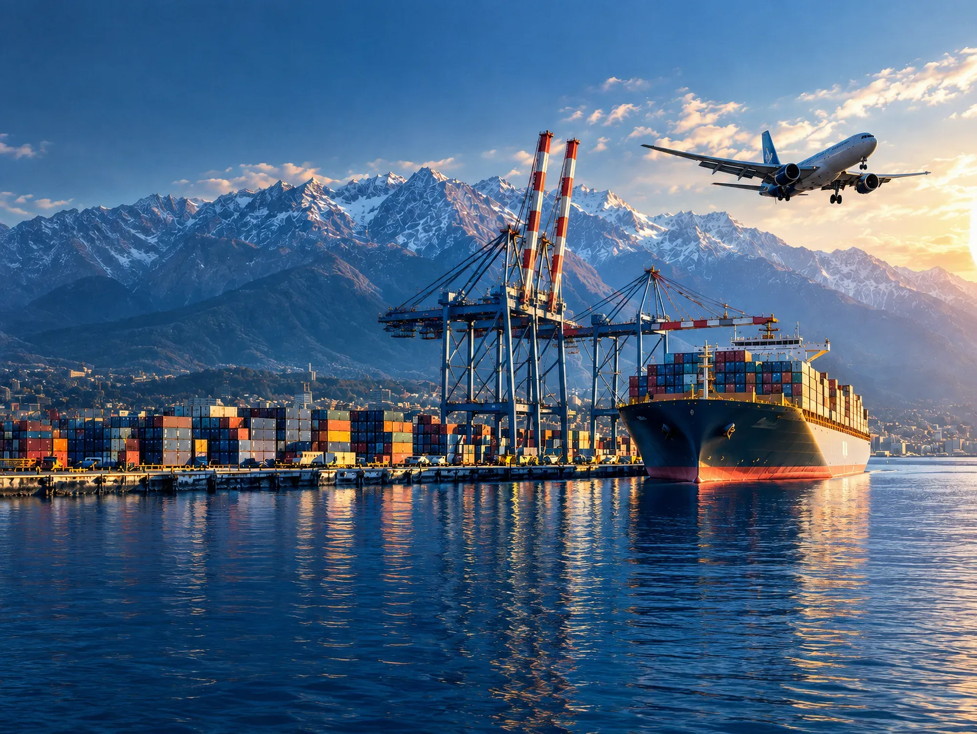 Container ship at the quay under gantry cranes, mountains behind