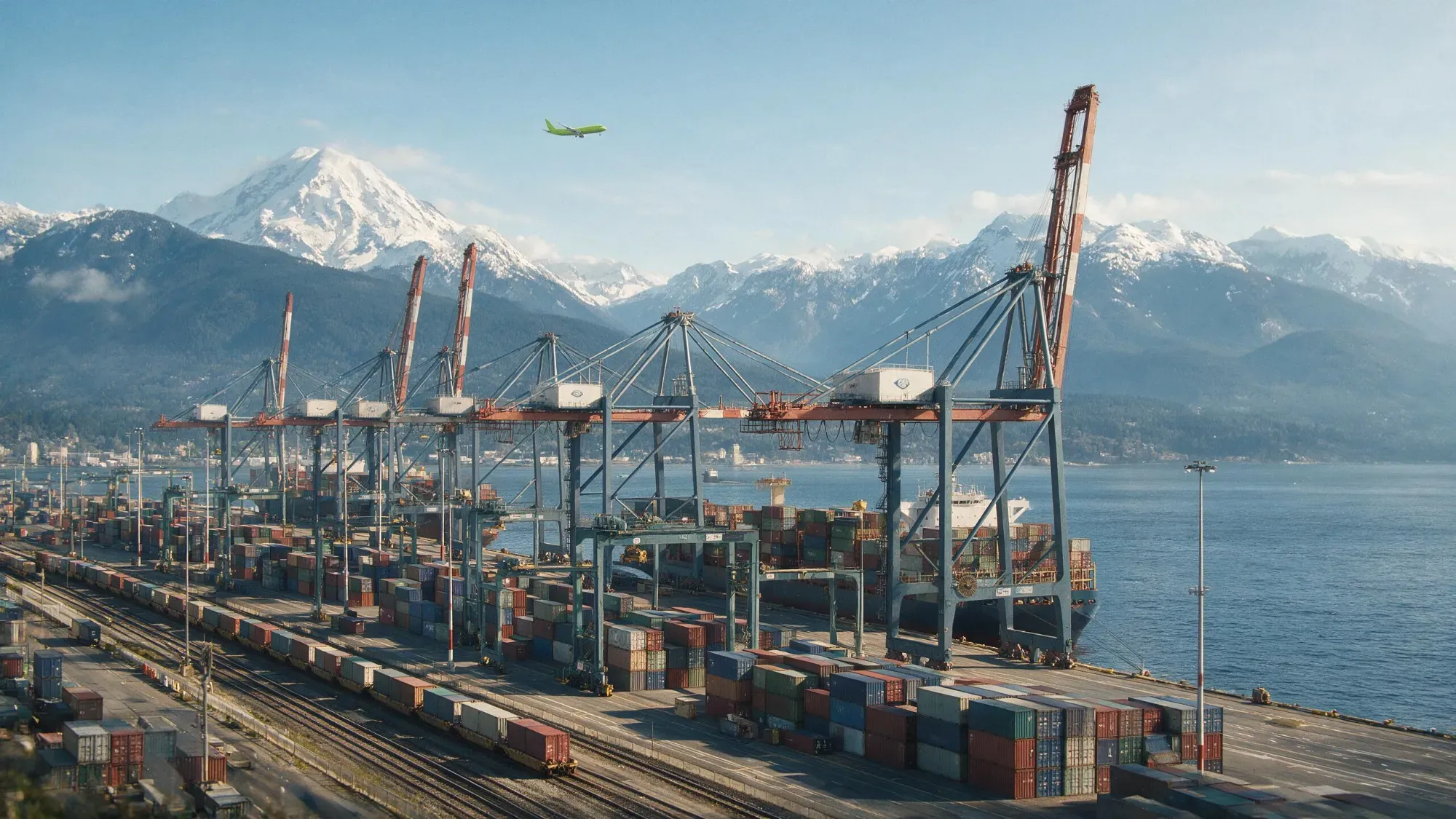 Container terminal with rail lines, trucks and gantry cranes