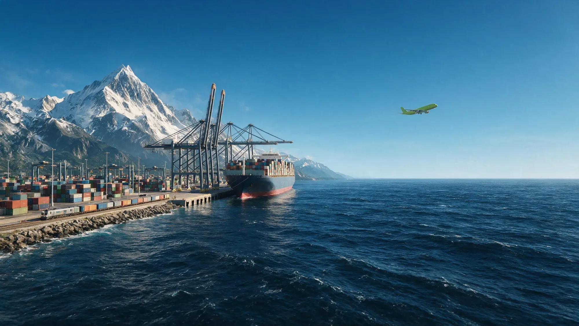 Harbour with a container ship and a lime aircraft overhead
