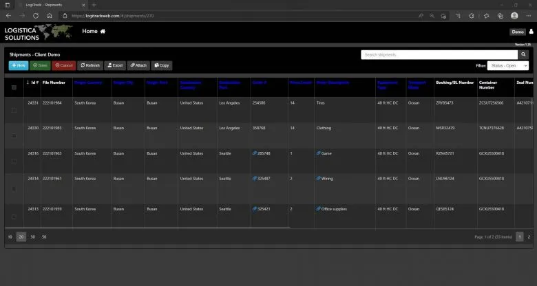LogiTrack orders screen listing upcoming, pending and delivered transactions